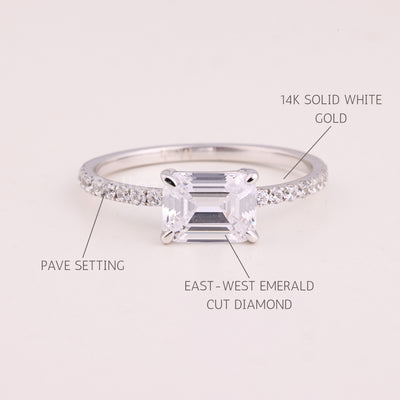 1.0CT East-West Emerald Cut Pave Setting Moissanite Engagement Ring