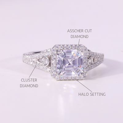 1.0CT Asscher Cut Diamond Halo Cluster Setting Moissanite Engagement Ring
