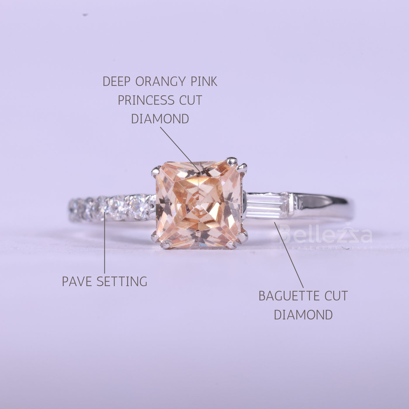 0.75CT Princess Cut Orangy Pink Unique Engagement Ring