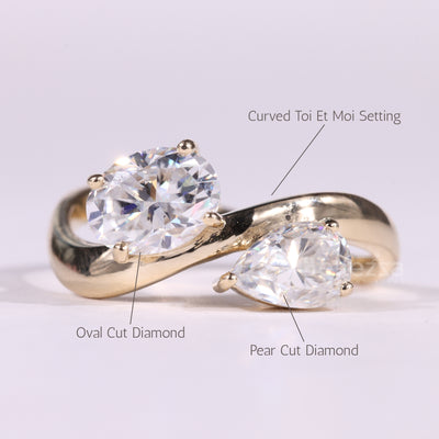 1.50CTW Oval & Pear Cut Curved Moissanite Toi Et Moi Engagement Ring