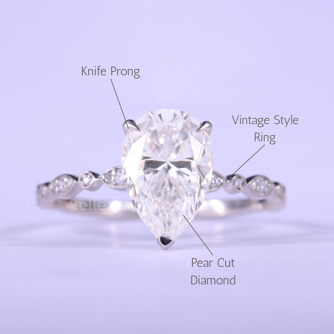 1.50CT Pear Cut Diamond Vintage Style Moissanite Engagement Ring