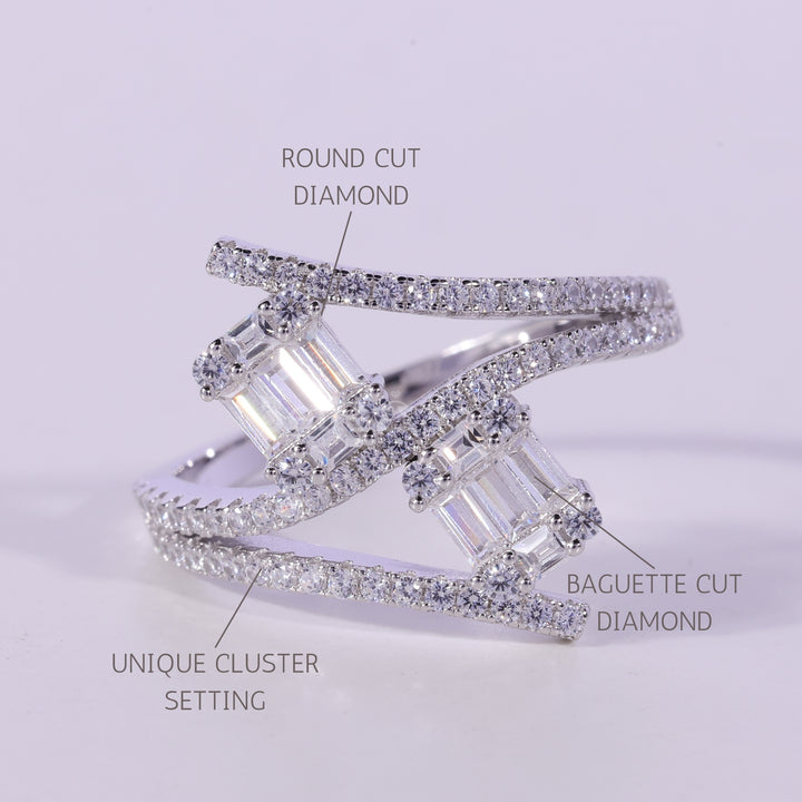 Unique Baguette & Round Diamond Cluster Moissanite Engagement Ring