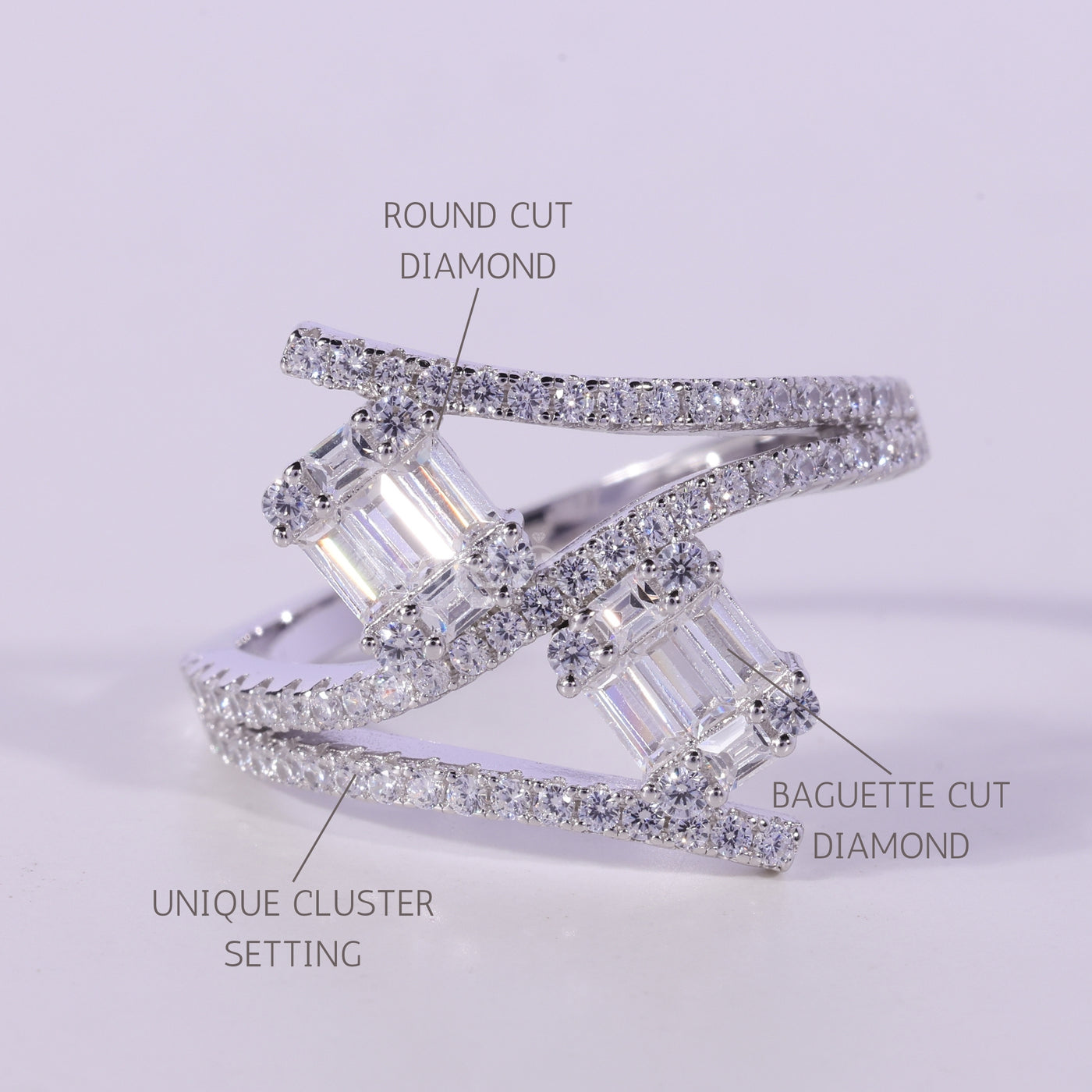 Unique Baguette & Round Diamond Cluster Moissanite Engagement Ring