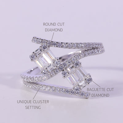 Unique Baguette & Round Diamond Cluster Moissanite Engagement Ring