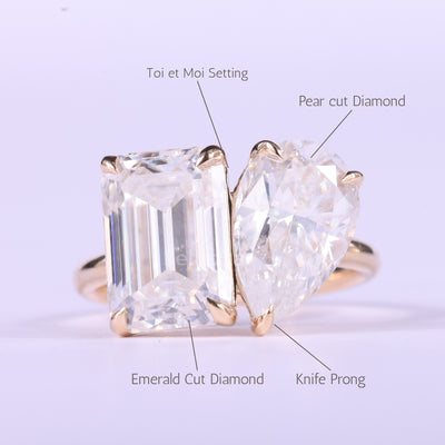 2.0CTW Emerald & Pear Cut Toi Et Moi Moissanite Engagement Ring