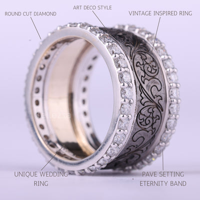 Round Cut Diamond Vintage Inspired Art Deco Unique Wedding Ring