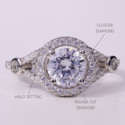1.0CT Round Cut Halo Cluster Diamond Moissanite Engagement Ring