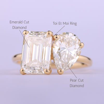 2.0CT Emerald & Pear Cut Diamond Toi Et Moi Engagement Ring