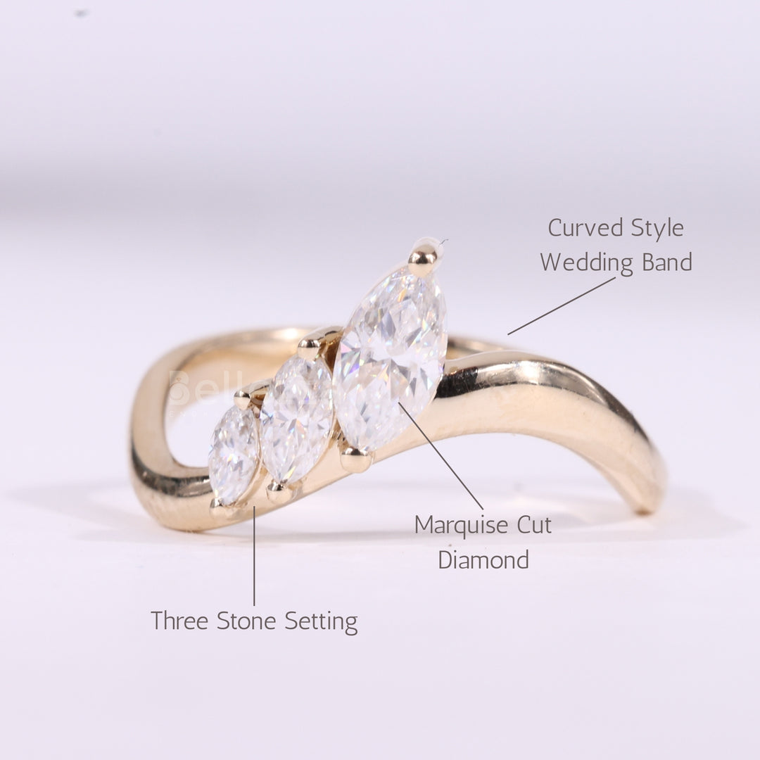 Marquise Cut Three Stone Unique Curved Moissanite Wedding Band