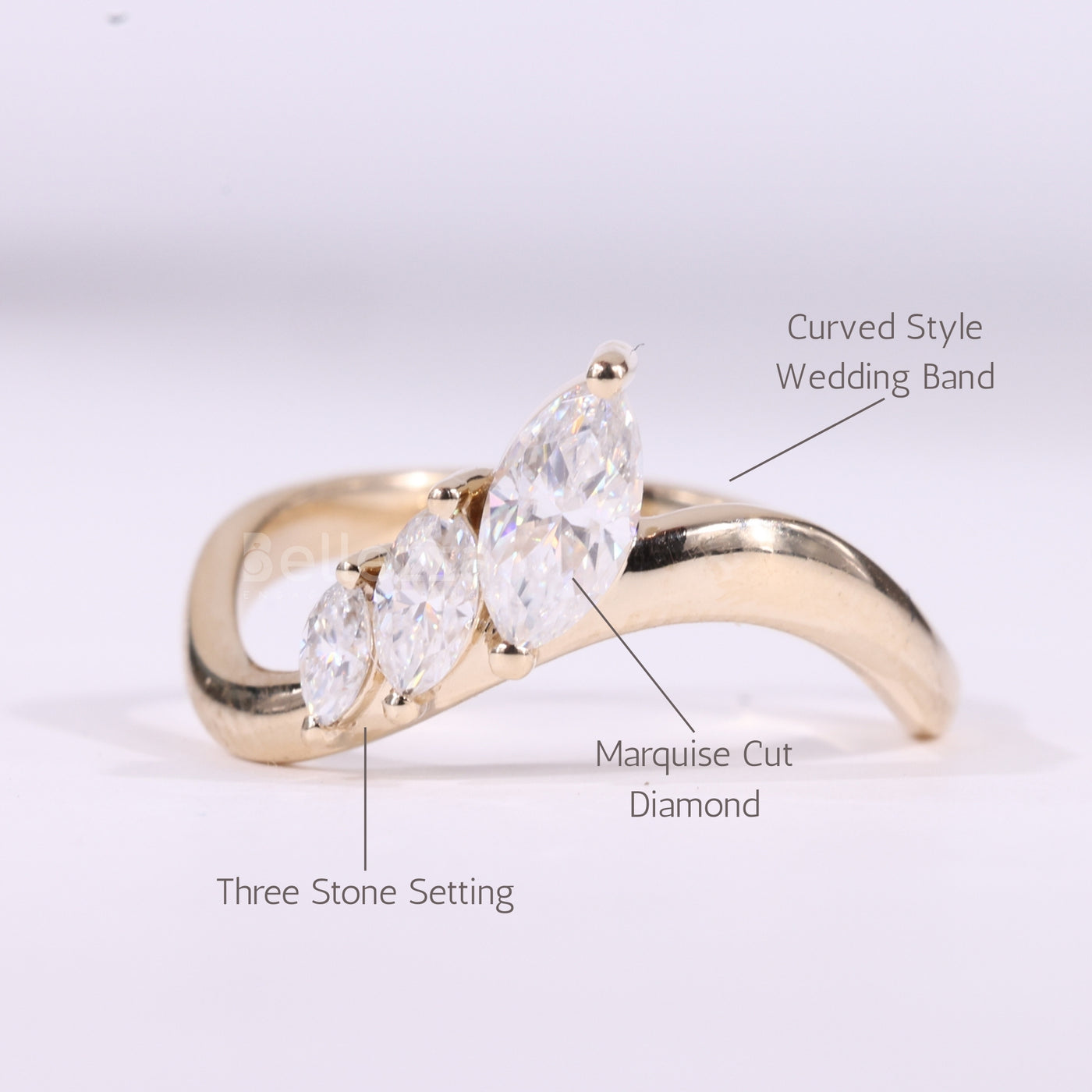 Marquise Cut Three Stone Unique Curved Moissanite Wedding Band