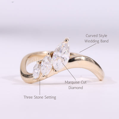 Marquise Cut Three Stone Unique Curved Moissanite Wedding Band
