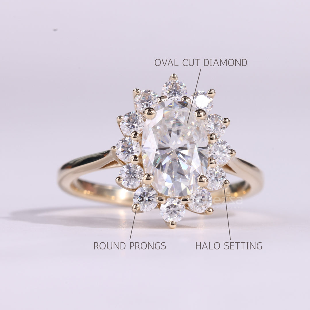 1.50CT Oval Cut Floral Halo Setting Moissanite Engagement Ring