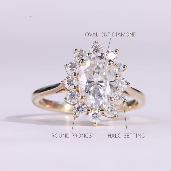1.50CT Oval Cut Floral Halo Setting Moissanite Engagement Ring