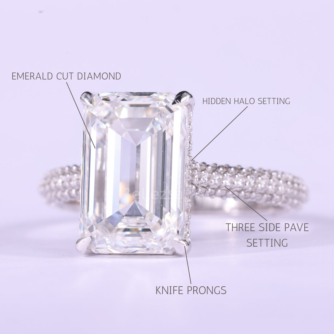 4.0CT Emerald Cut Three Side Pave Setting Moissanite Engagement Ring