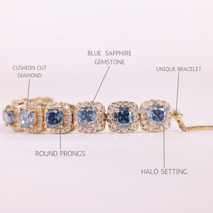 Cushion Cut Blue Sapphire Gemstone Halo Set Moissanite Bracelet