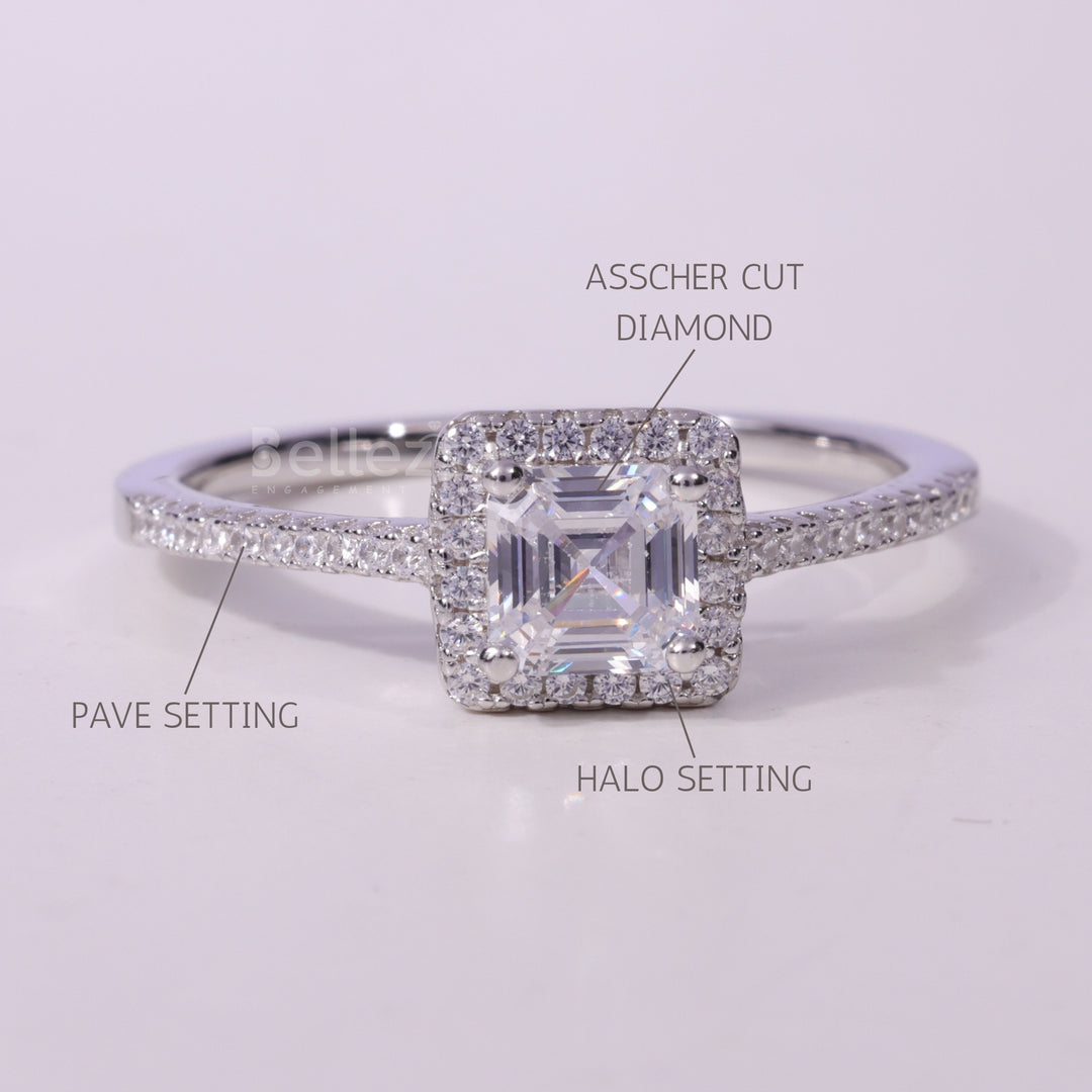 1.0CT Asscher Cut Halo Pave Setting Moissanite Engagement Ring