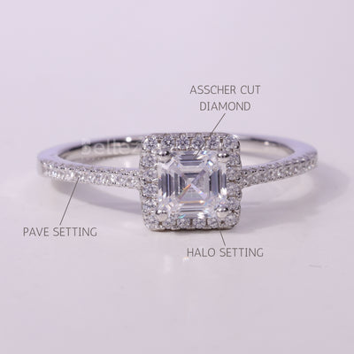 1.0CT Asscher Cut Halo Pave Setting Moissanite Engagement Ring