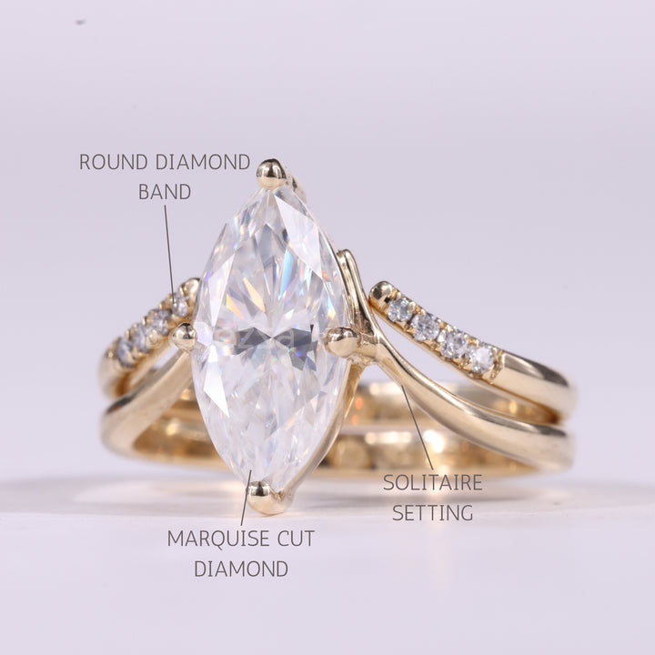 2.0CT Marquise Cut Cluster Set Curved Moissanite Bridal Ring Set