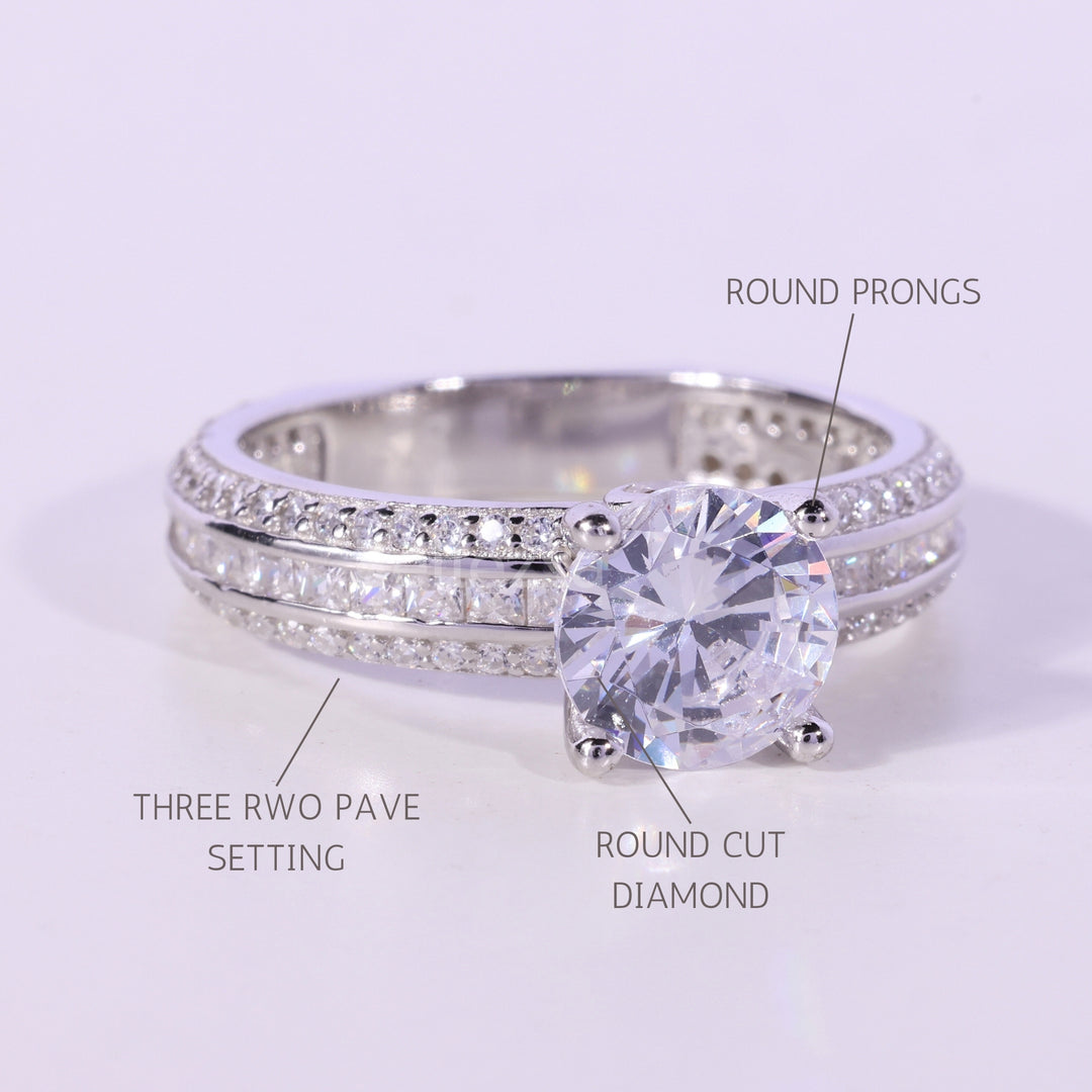 0.75CT Round Cut Three Row Pave Setting Moissanite Engagement Ring