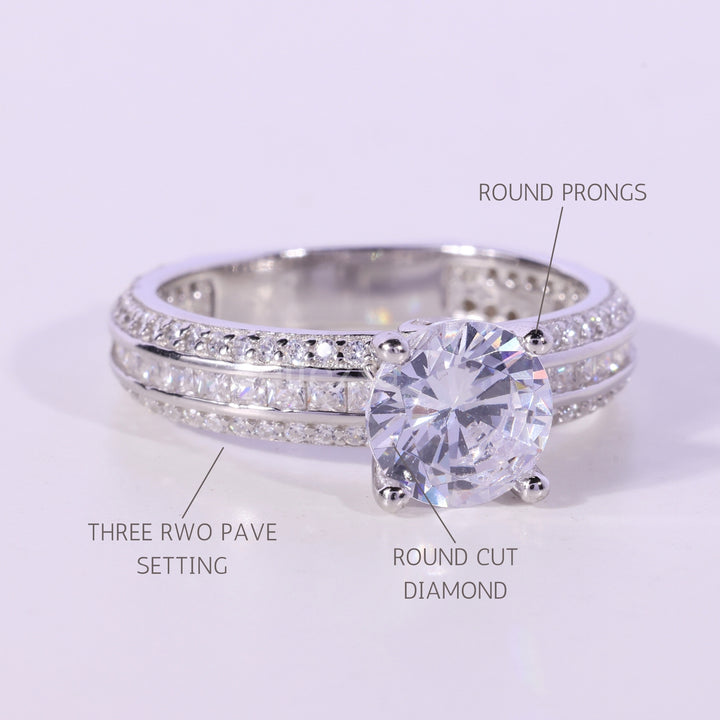 0.75CT Round Cut Three Row Pave Setting Moissanite Engagement Ring