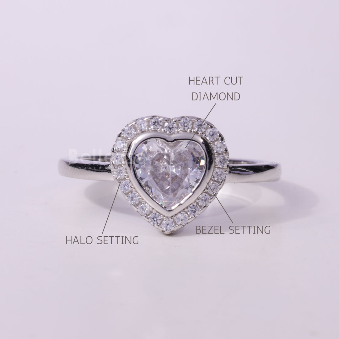 1.0CT Heart Cut Halo Setting Moissanite Engagement Ring