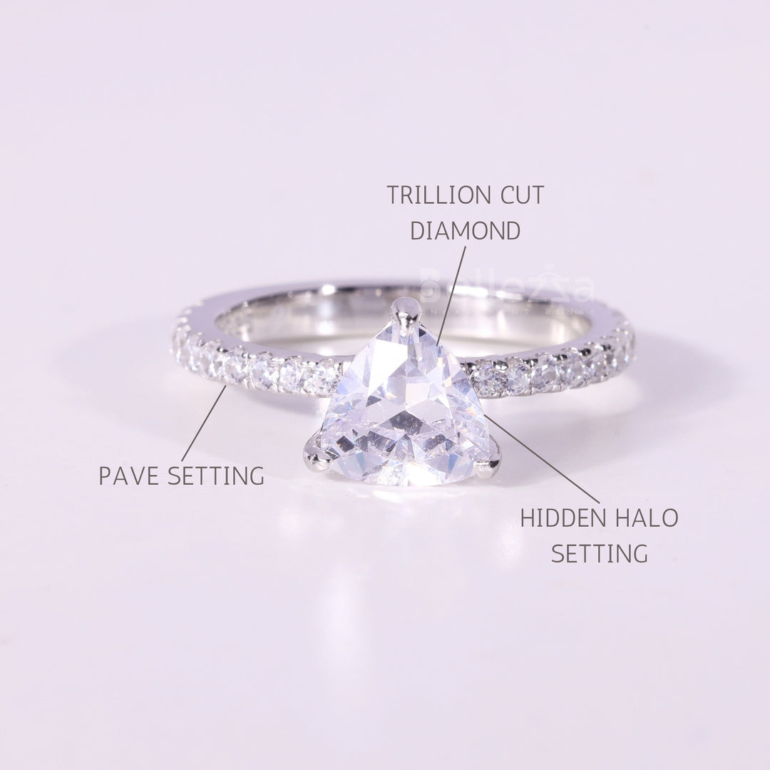 1.0CT Trillion Cut Hidden Halo Pave Setting Moissanite Engagement Ring