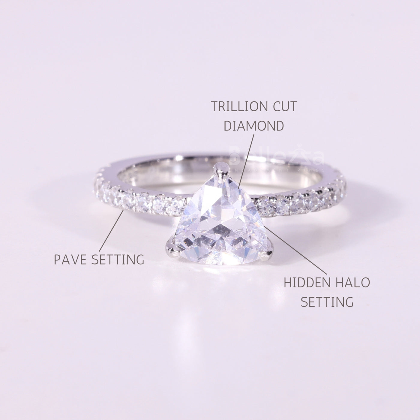 1.0CT Trillion Cut Hidden Halo Pave Setting Moissanite Engagement Ring