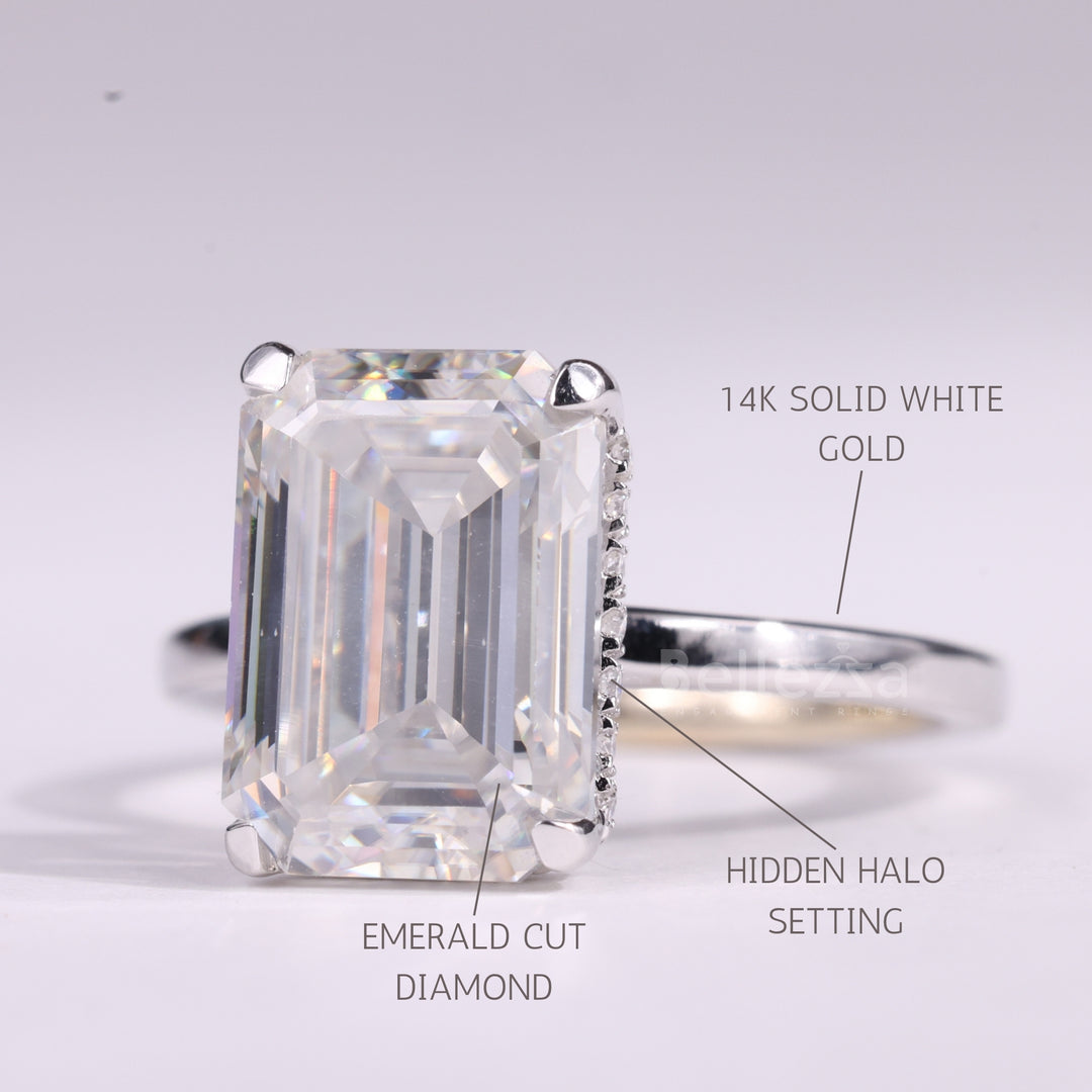 1.50CT Emerald Cut Hidden Halo Moissanite Engagement Ring
