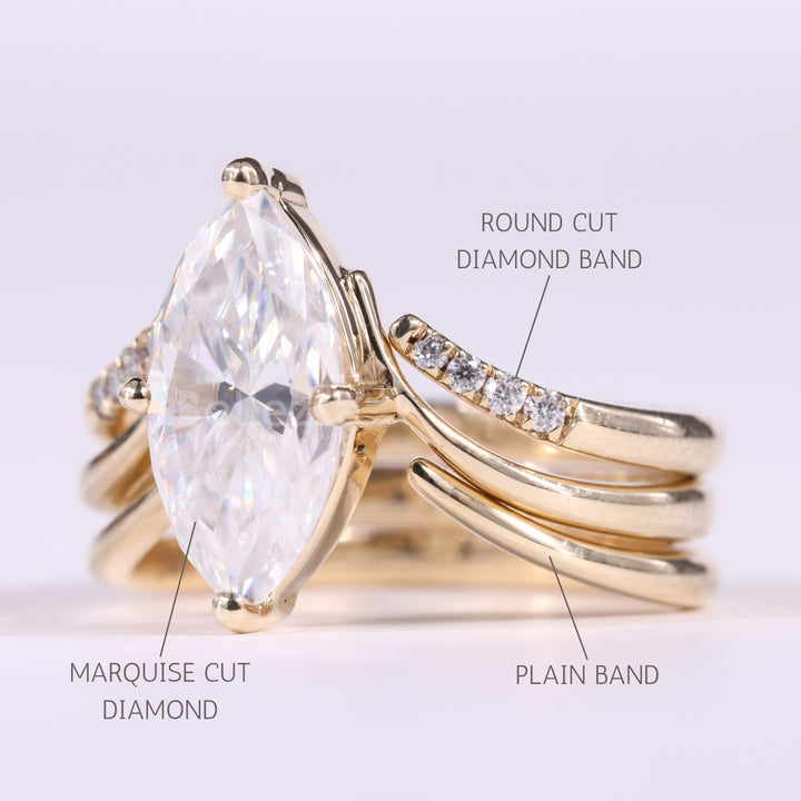 2.0CT Marquise Cut Unique Curved Moissanite Engagement Ring Set