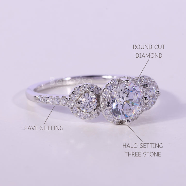 0.50CT Round Cut Three Stone Halo Setting Moissanite Engagement Ring