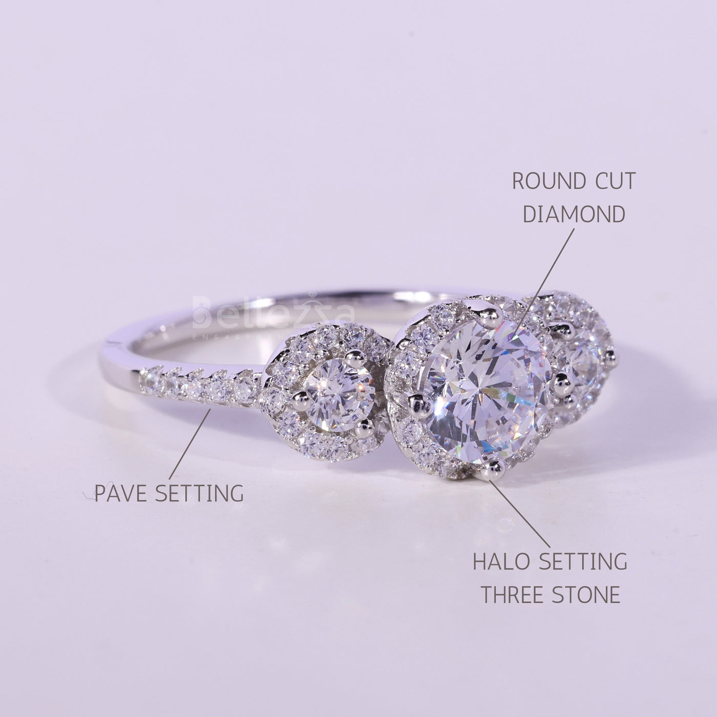 0.50CT Round Cut Three Stone Halo Setting Moissanite Engagement Ring