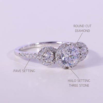 0.50CT Round Cut Three Stone Halo Setting Moissanite Engagement Ring