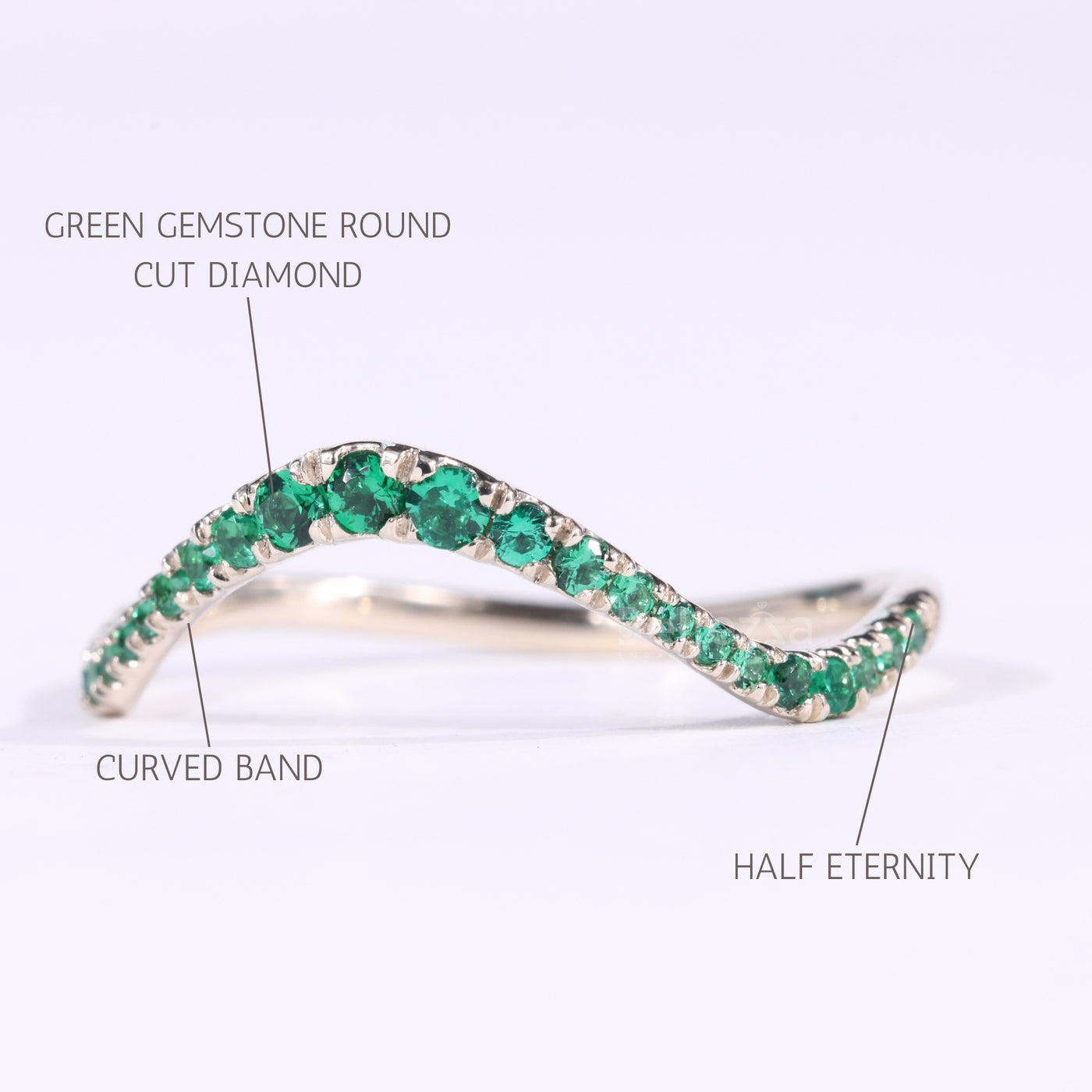 Round Cut Greem Gemstone Curved Moissanite Wedding Band