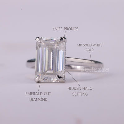 1.50CT Emerald Cut Diamond Hidden Halo Moissanite Engagement Ring