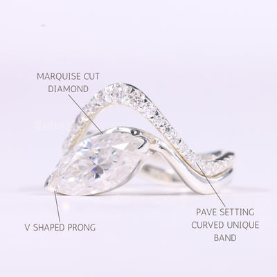 2.0CT East-West Marquise Cut Curved Moissanite Bridal Ring Set