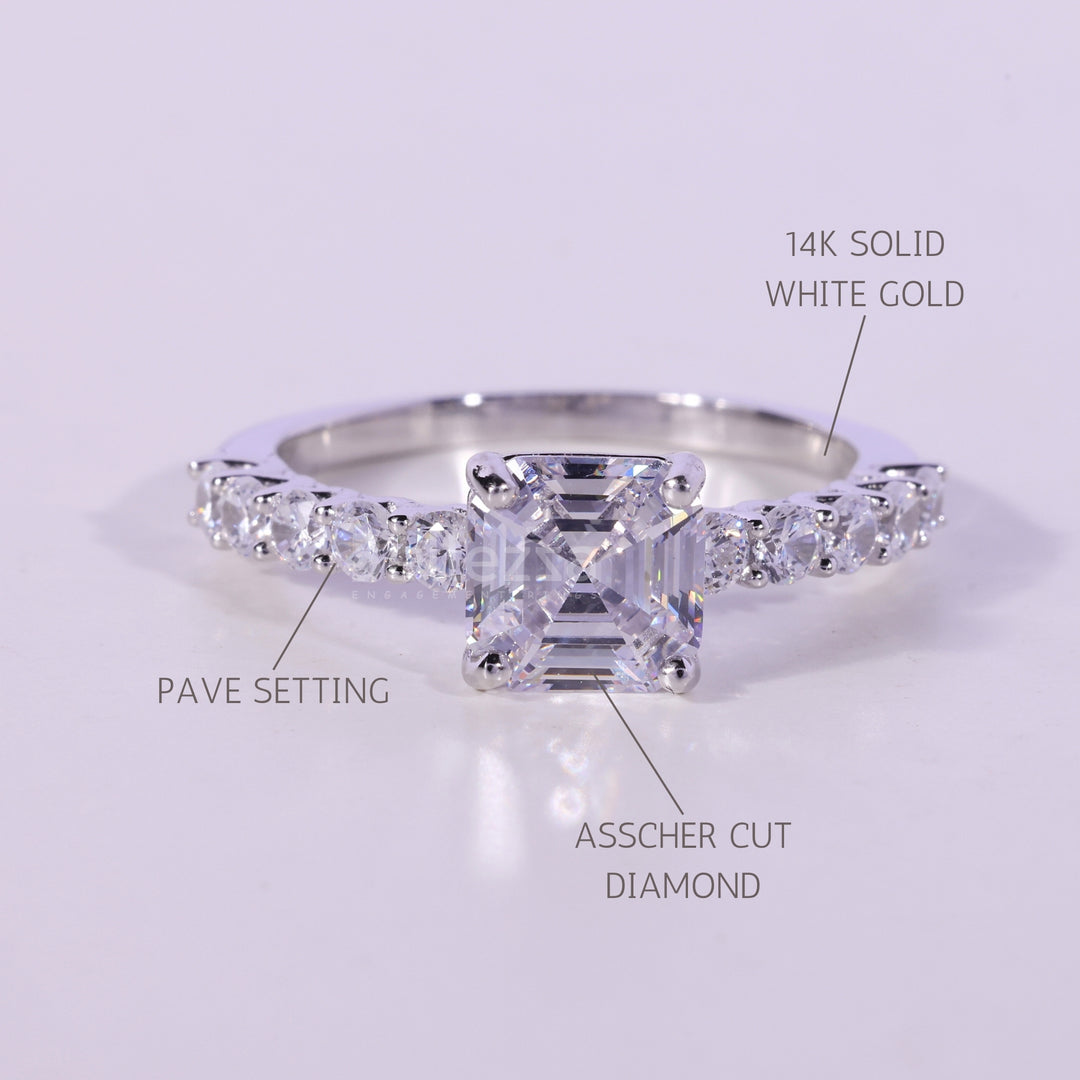 1.0CT Asscher Cut Pave Setting Moissanite Engagement Ring