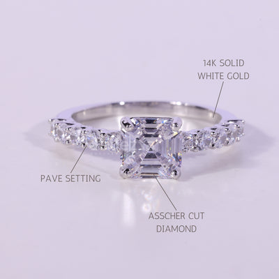 1.0CT Asscher Cut Pave Setting Moissanite Engagement Ring