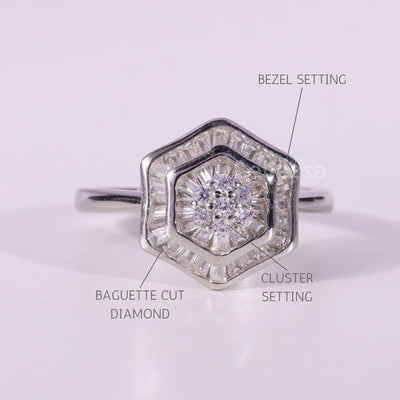 Round & Baguette Cut Cluster Diamond Moissanite Engagement Ring