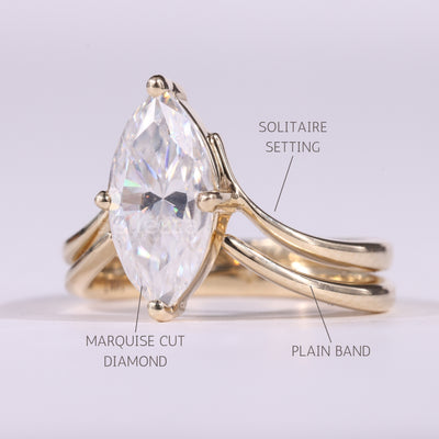 2.0CT Marquise Cut Unique Solitaire Curved Moissanite Bridal Ring Set