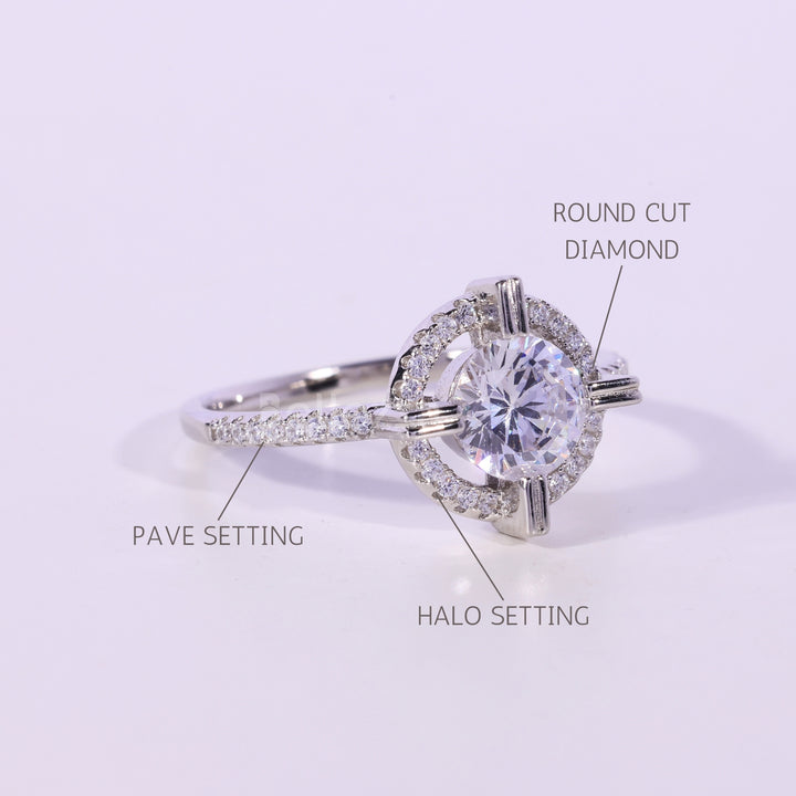 1.0CT Round Cut Halo Pave Setting Moissanite Engagement Ring