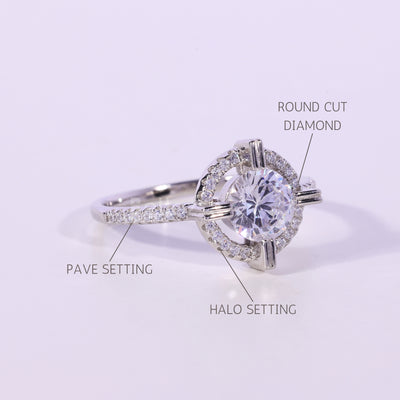 1.0CT Round Cut Halo Pave Setting Moissanite Engagement Ring