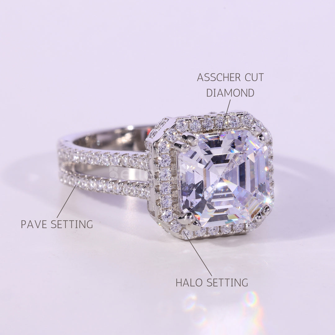 1.50CT Asscher Cut Halo Moissanite Engagement Ring