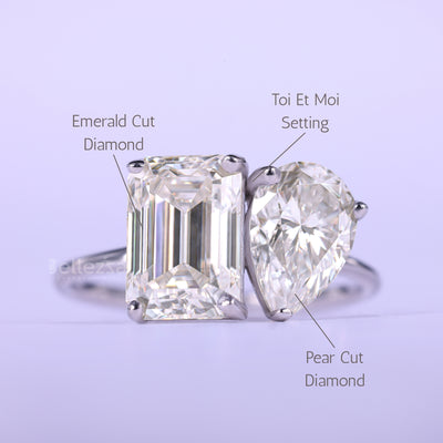 1.0CT Emerald & Pear Cut Toi Et Moi Moissanite Engagement Ring