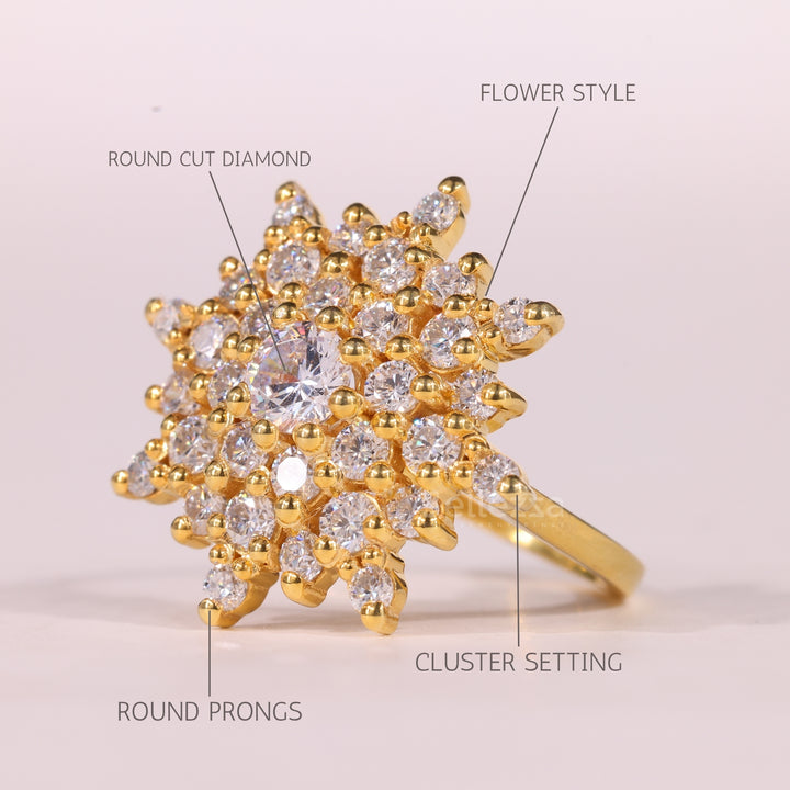 Round Cut Floral Cluster Setting Diamond Moissanite Engagement Ring