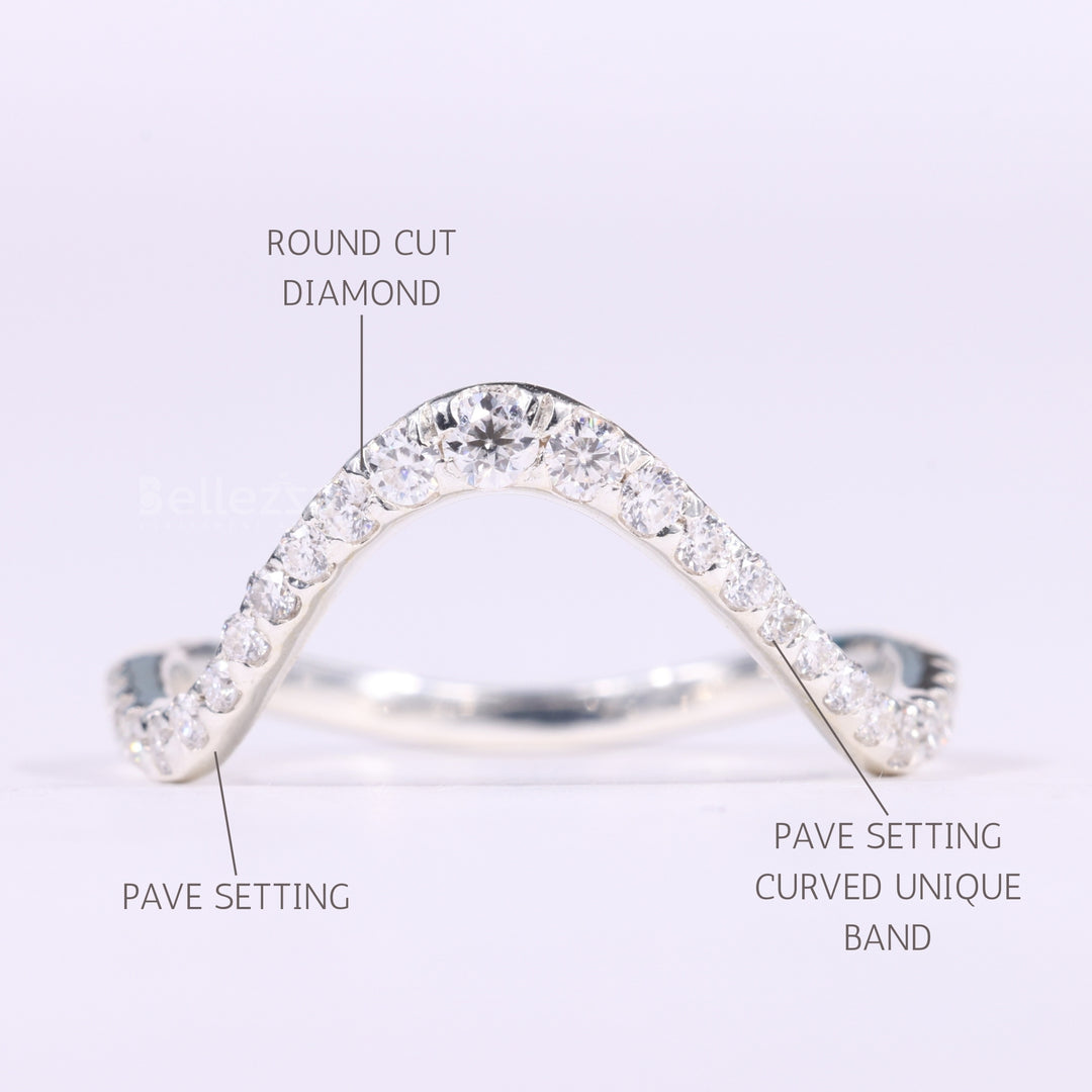 Round Cut Pave Setting Curved Moissanite Wedding Band
