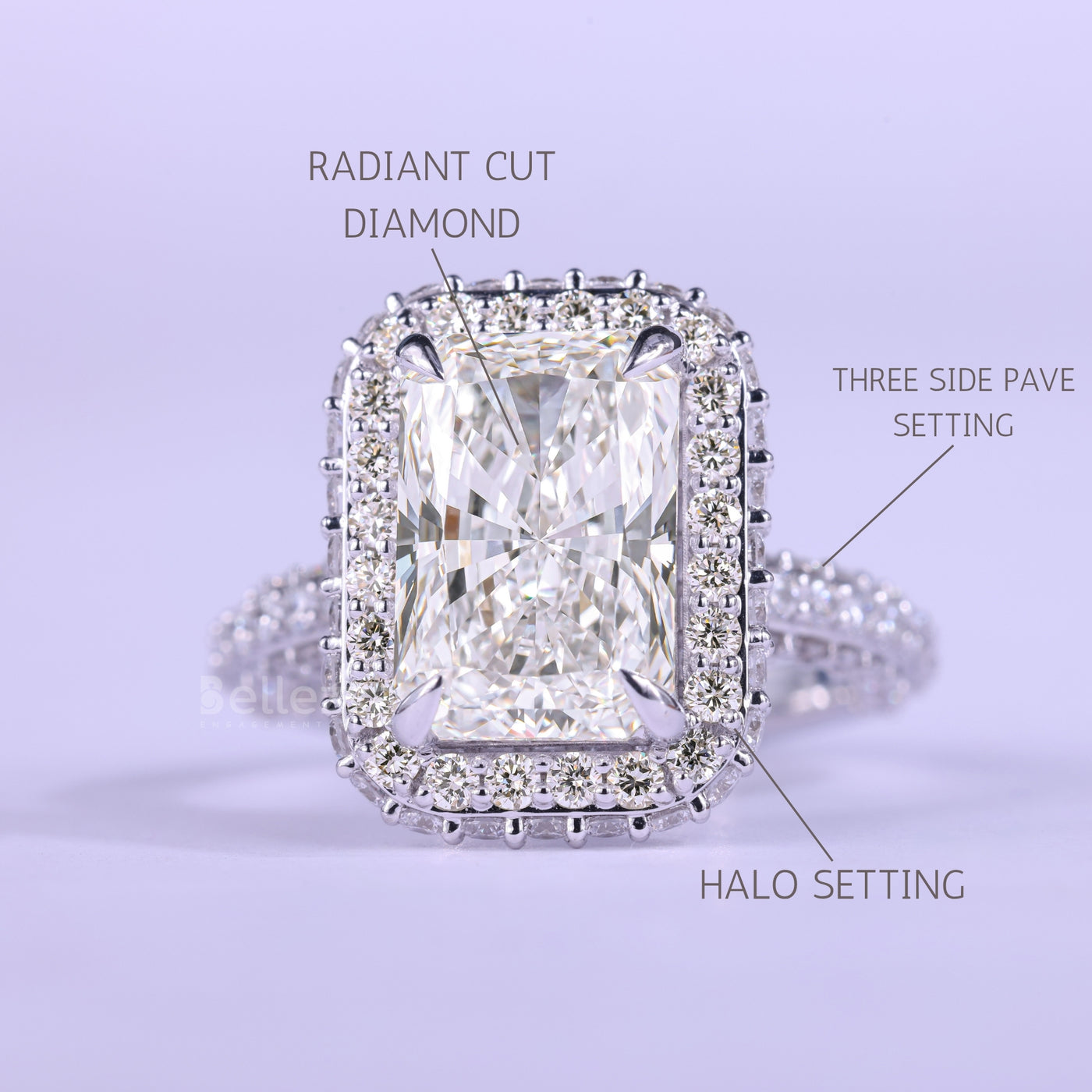2.0CT Radiant Cut Three Side Pave & Halo Set Moissanite Engagement Ring