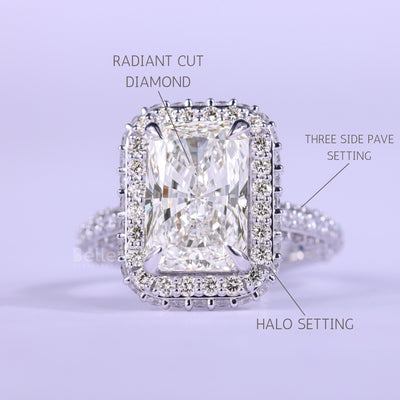 2.0CT Radiant Cut Three Side Pave & Halo Set Moissanite Engagement Ring