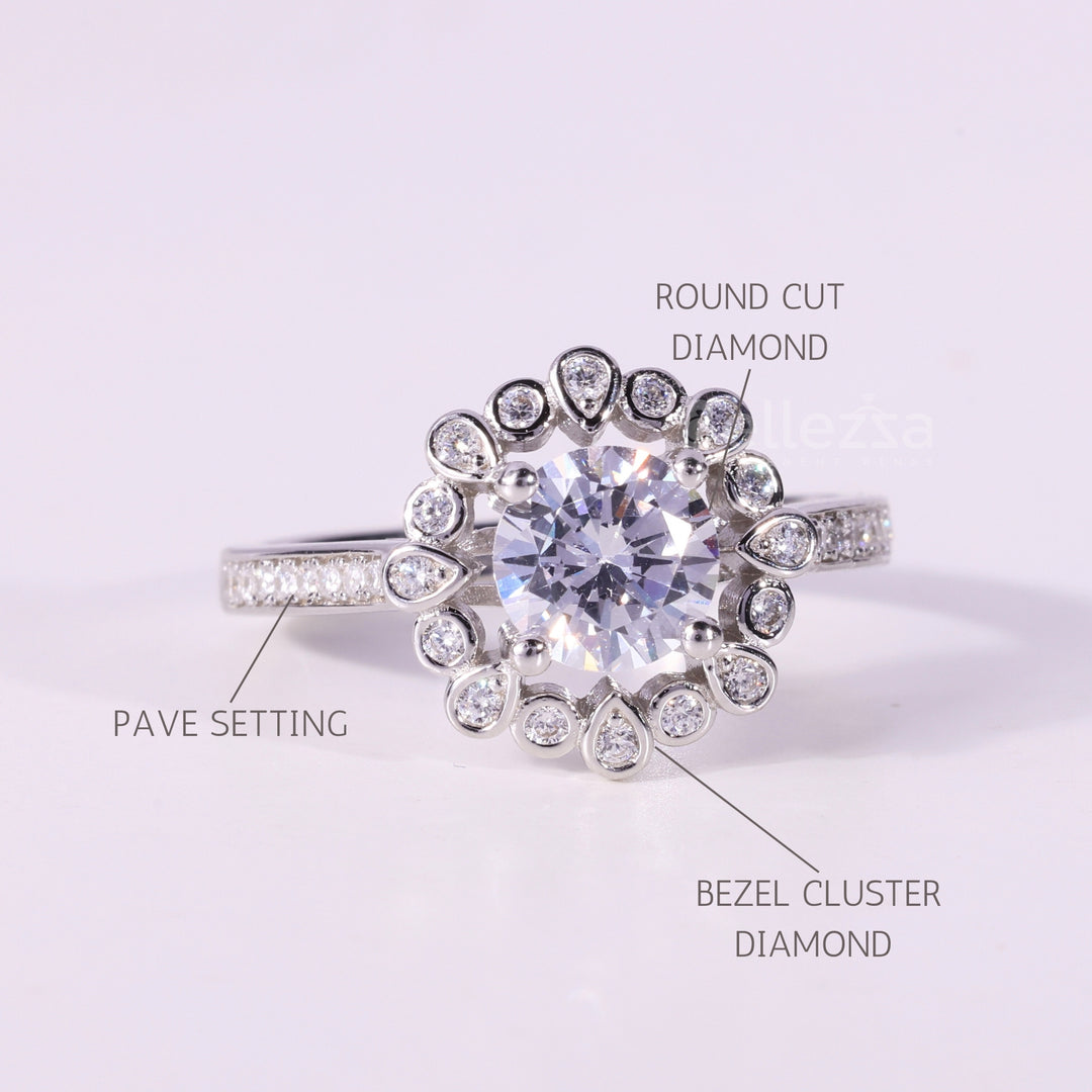 1.0CT Round Cut Unique Cluster Bezel Setting Engagement Ring