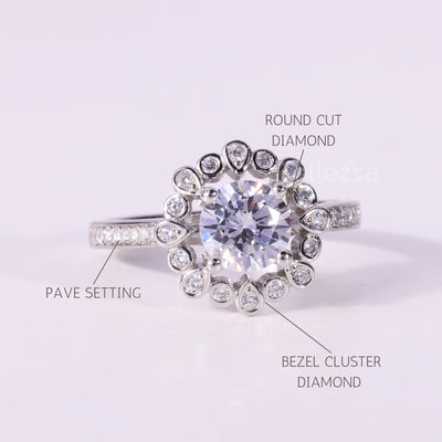 1.0CT Round Cut Unique Cluster Bezel Setting Engagement Ring