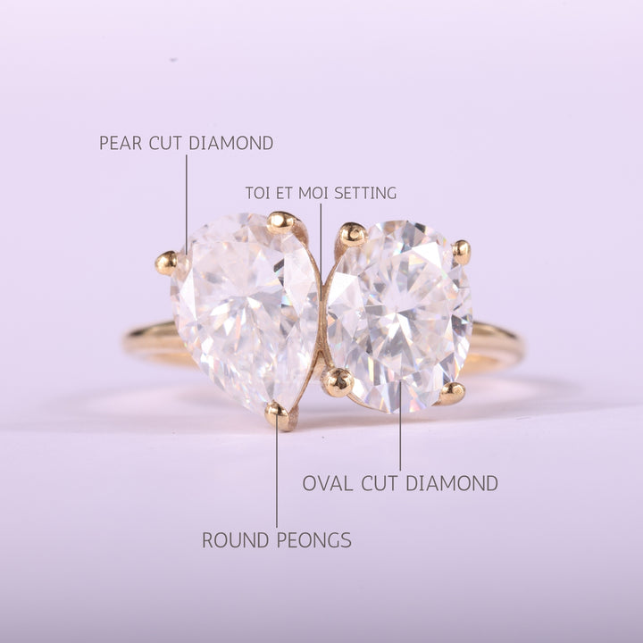 2.0CTW Oval & Pear Cut Toi Et Moi Moissanite Engagement Ring